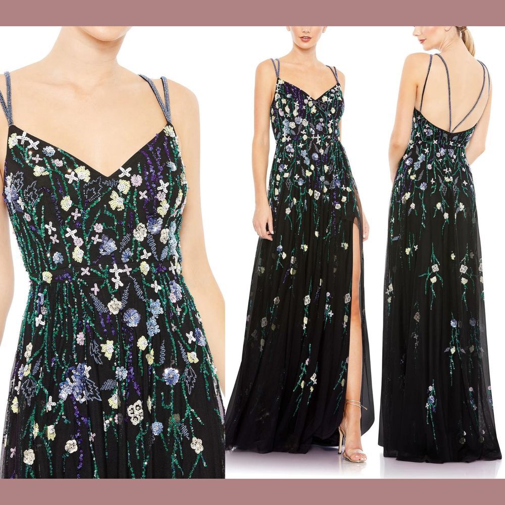 NWT Mac Duggal‎ [ 10 ] 9172 Embellished Spaghetti Strap V Neck A Line Gown Black